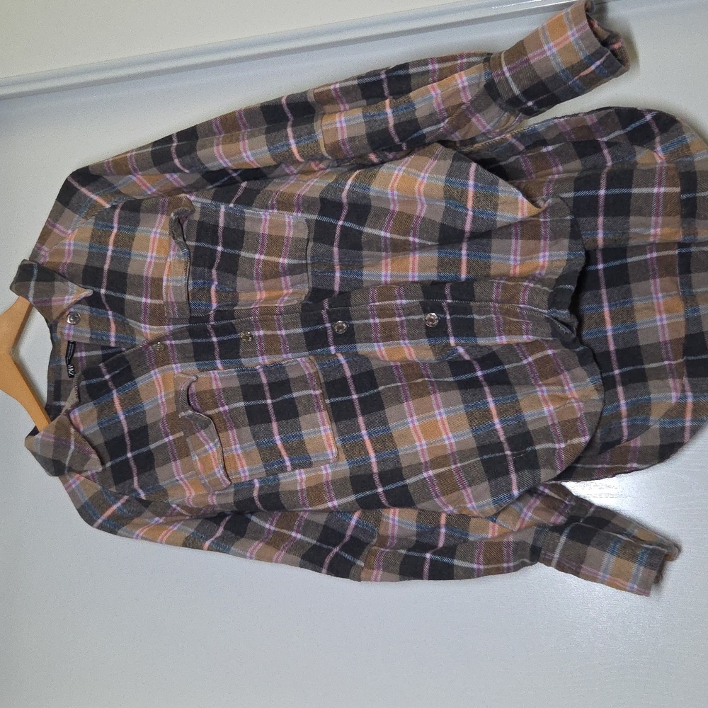 Zara Plaid Button Up Collard Long Sleeve Top High-Low Size XXL